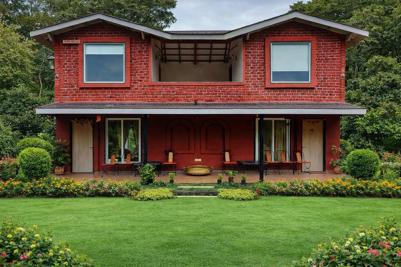 The Little Red Cottage, a two-storey red brick house with a front lawn